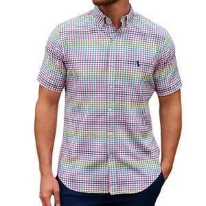 Tailorbyrd Mens Short Sleeve Gingham‎ Button Down Shirt Multi Color Flamingo S